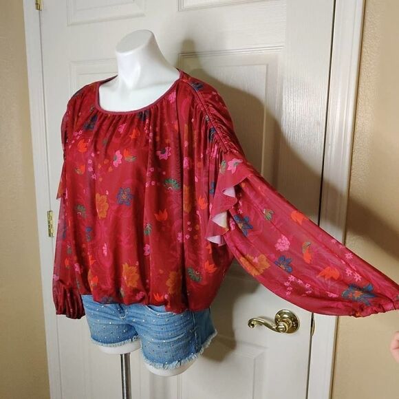 Free People Wildflower Honey Floral Stretch Mesh Blouson Ruffle Top S - Picture 10 of 13